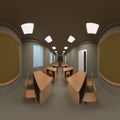 360 degrees spherical panorama of Wooden table and chair with green blank blackboard ,3D Royalty Free Stock Photo