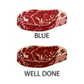 Degrees of Steak Doneness Icons Set. Blue and Well Done.