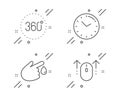 360 degrees, Time and Blood donation icons set. Swipe up sign. Panoramic view, Clock, Injury. Scrolling page. Vector