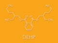 DEHP Bis2-ethylhexyl phthalate, diethylhexyl phthalate, dioctyl phthalate, DOP plasticizer molecule. Skeletal formula.