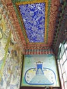 Dehradun, India: Colorful art decoration carved on roof showcasing interior of Sakya Monastery of buddha,