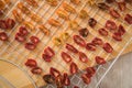 Dehydrate dried yellow and red tomatoes on stainless steel dehydrator tray for long term pantry in domestic kitchen on light