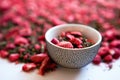 dehydrated strawberry-dried tea mint strawberries mug. dry herbal peppermint, strawberry slices Royalty Free Stock Photo