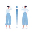 Dehydration concept. Vector flat healthcare illustration. Dehydrated woman with dehydration symptom and female drink water from