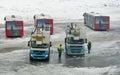 Deicing cars and passenger buses in Boryspil Airport. Kiev, Ukraine.