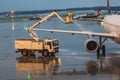 Deicing of the Lufthansa plane Royalty Free Stock Photo