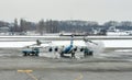 Deicing treatment wing aircraft in Boryspil Airport. Kiev, Ukraine.