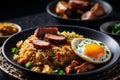 Deilcious asian style fried rice with vegetables and pork chips and fired egg Royalty Free Stock Photo