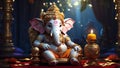 Hindu god Ganesha with elephant head seated on a royal throne representing wisdom and learning in Hindu mythology