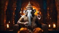 Hindu god Ganesha with elephant head seated on a royal throne representing wisdom and learning in Hindu mythology