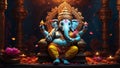 Hindu god Ganesha with elephant head seated on a royal throne representing wisdom and learning in Hindu mythology