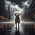 Dejected dog walks the streets in torrential rain Royalty Free Stock Photo