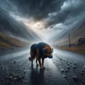 Dejected dog walks the streets in torrential rain Royalty Free Stock Photo