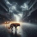 Dejected dog walks the streets in torrential rain Royalty Free Stock Photo