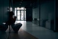 Dejected female office worker begging for help from above