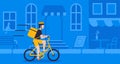 Concept online delivery using bicycle ride with parcel ride on street blue background vector