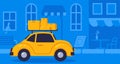 Concept online delivery using retro car with parcel, goes on blue background street