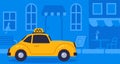 Concept online taxi using luxury retro car goes on street blue background