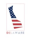 Delaware Logo. Map of Delaware with us state name.