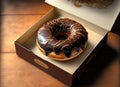 A delcious chocolate covered donut in a paper box on a wooden background. Created with Generative AI Royalty Free Stock Photo