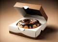 A delcious chocolate covered donut with sprinkles in a box on a beige background. Created with Generative AI Royalty Free Stock Photo