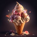 A delcious looking ice cream cone with sprinkles and many scoops of different ice cream flavours. Created with Generative AI Royalty Free Stock Photo