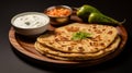 Delectable aloo paratha served with yogurt and pickles