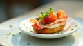 A delectable appetizer featuring cured meat, creamy spread, and sun-ripened cherry tomatoes on a toasted bread base. Generative AI Royalty Free Stock Photo