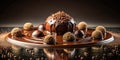 A delectable arrangement of assorted chocolate truffles, elegantly displayed on a pool of melted dark chocolate, adorned with a Royalty Free Stock Photo