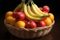 A delectable arrangement of banana, peach, apple, and orange in a fruit basket