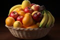 A delectable arrangement of banana, peach, apple, and orange in a fruit basket