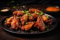 A delectable arrangement of chicken wings, coated with sesame seeds, served on a sleek black plate, Delicious crispy BBQ chicken