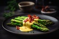 A Delectable Arrangement Of Green Asparagus And Bacon Served On A Plate And Wooden Table With Hollandaise Sauce - Generative AI