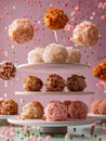 Delectable Assorted Sugared Balls on Cake Stand with Colorful Candies Falling on Pink Background