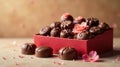 A delectable assortment of artisan chocolates, elegantly arranged in a crimson box, adorned with delicate sugar flowers, creates a Royalty Free Stock Photo