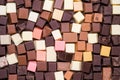 A delectable assortment of artisan chocolates in a variety of colors and shades.  Each cube is a tiny work of art, promi Royalty Free Stock Photo