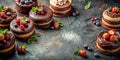A delectable assortment of mini chocolate cakes, adorned with fresh berries and mint, arranged on a rustic dark surface. Royalty Free Stock Photo