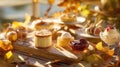A delectable autumn dessert spread featuring mini cheesecake, cherry jam, and honey, presented on a rustic wooden board and table Royalty Free Stock Photo