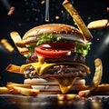 delectable bacon cheeseburger with fries, The juicy, savory beef patty