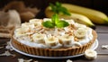 Delectable banana cream pie topped with fresh whipped cream on a charming rustic background