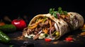 Beef shawarma, thinly sliced and marinated, served in warm pita with fresh veggies and creamy sauce