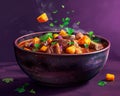 Delectable Beef Stew with Carrots and Parsley in a Ceramic Bowl on Purple Background, Steam Rising