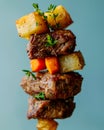 Delectable Beef and Vegetable Skewers with Fresh Herbs on Cool toned Background for Gourmet Cuisine
