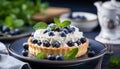 Delectable blueberry tartlet adorned with fresh, plump blueberries on a pristine white plate