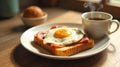 A delectable breakfast featuring a perfectly fried egg atop a slice of toasted bread with savory ham, accompanied by a warm cup of Royalty Free Stock Photo