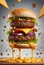 a delectable burger seemingly suspended in mid-air, creating a cinematic and mouthwatering visual