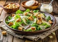 A Delectable Caesar Salad with Creamy Dressing Parmesan and Rustic Charm A Gourmet Appetizer or LunchDinner Delight Royalty Free Stock Photo