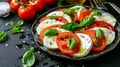 Delectable Caprese Salad: A Perfect Harmony of Ripe Tomatoes, Mozzarella Cheese, and Fresh Basil on