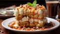 Delectable carrot cake with luscious cream, drizzled caramel