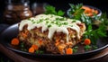 A delectable carrot cake slice topped with creamy white frosting, garnished with fresh parsley, surrounded by carrot slices on a Royalty Free Stock Photo